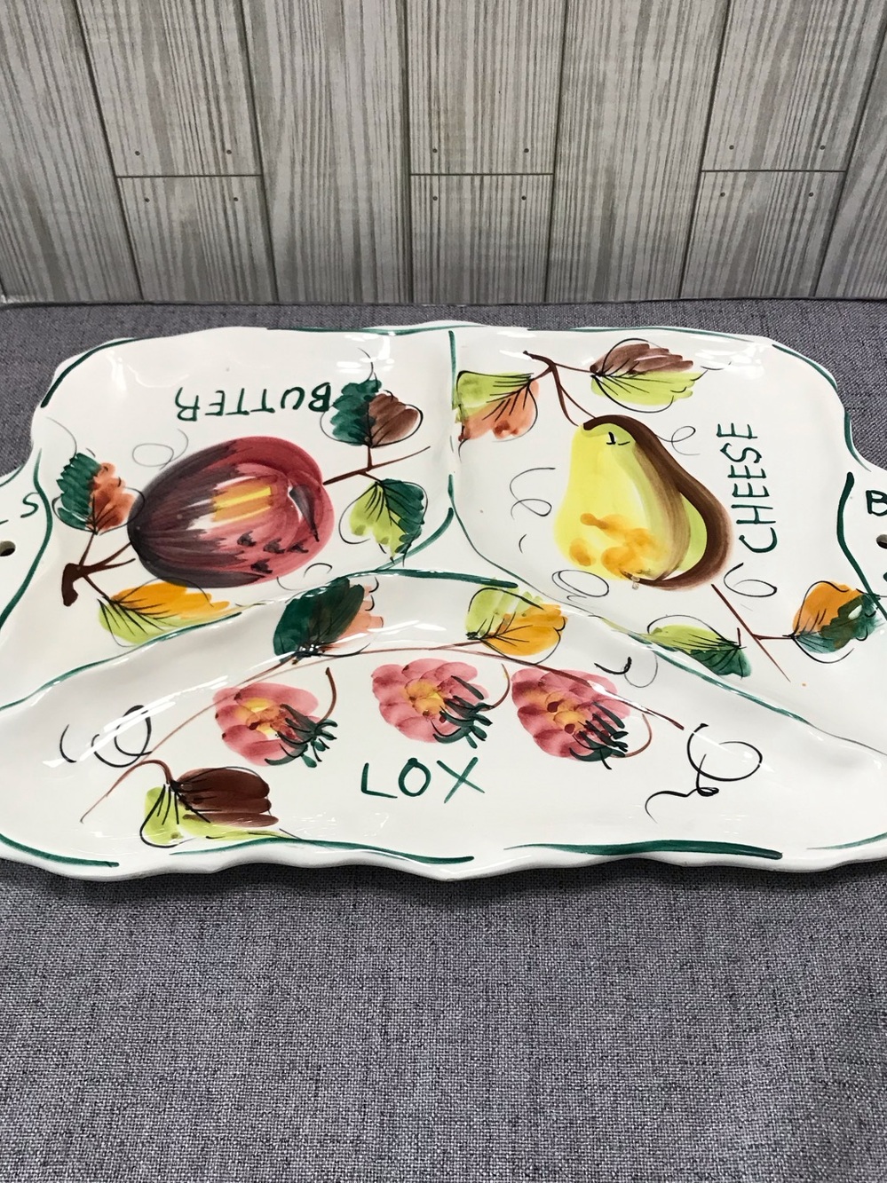 Rare Vintage Hand Painted Ceramic Bagel Platter Divided.
